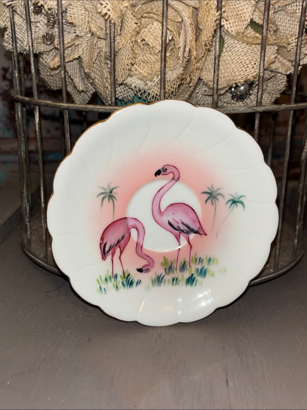 Porcelain Pink Flamingo Scalloped Trinket or soap Dish made in Japan